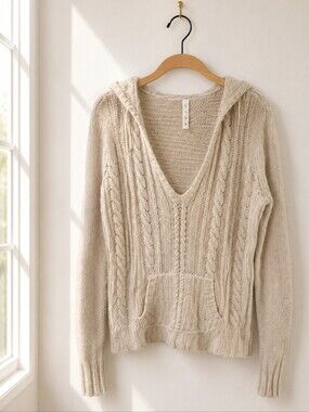 Lilu‎ Hooded Cable Knit Sweater Beige V-Neck Pocket Women’s XL